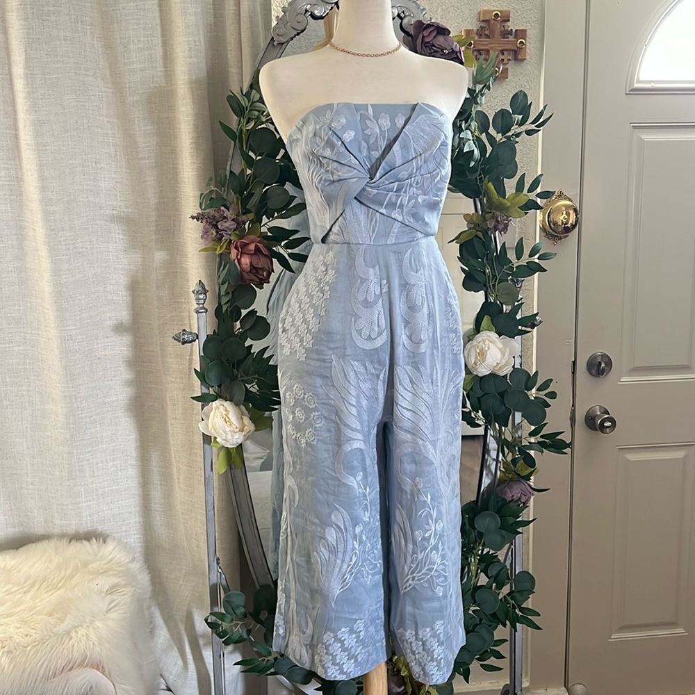 Anthropologie Aijek Silk Blend Lace Strapless Wide
Leg Jumpsuit Romper